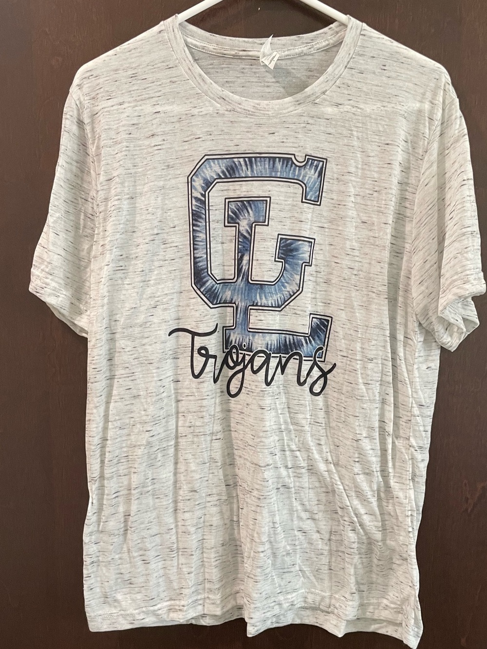 Bella Canvas Heather White Short Sleeve Tee with Blue Trojans Graphic Womens L